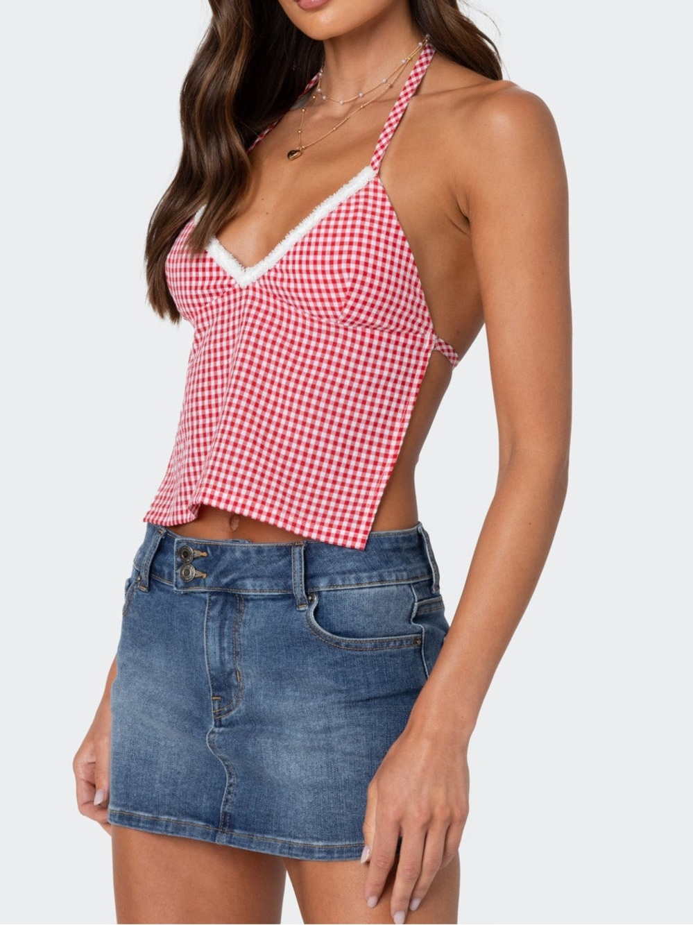 NWOT Edikted Charmaine Open Back Gingham Top Size XS Red White Halter